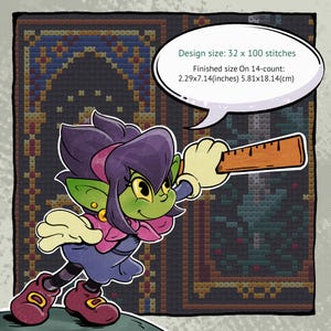 May include: A cartoon image of a green-skinned character holding a ruler, with a cross-stitch design in the background. The design size is 32 x 100 stitches, with a finished size of 2.29x7.14 inches or 5.81x18.14 cm.