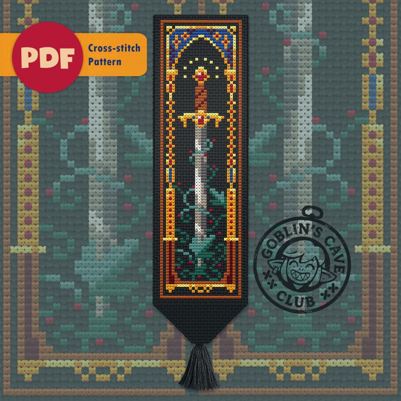 May include: Cross-stitch pattern featuring a sword design. The pattern includes a black tassel and the text "Cross-stitch Pattern" and "PDF". The design has a medieval theme with a sword and floral elements.