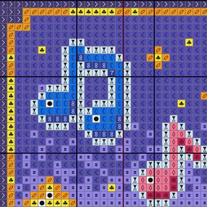 May include: A cross-stitch pattern featuring a blue creature with a large eye, surrounded by various symbols and shapes. The design is set against a dark purple background with orange and yellow accents.