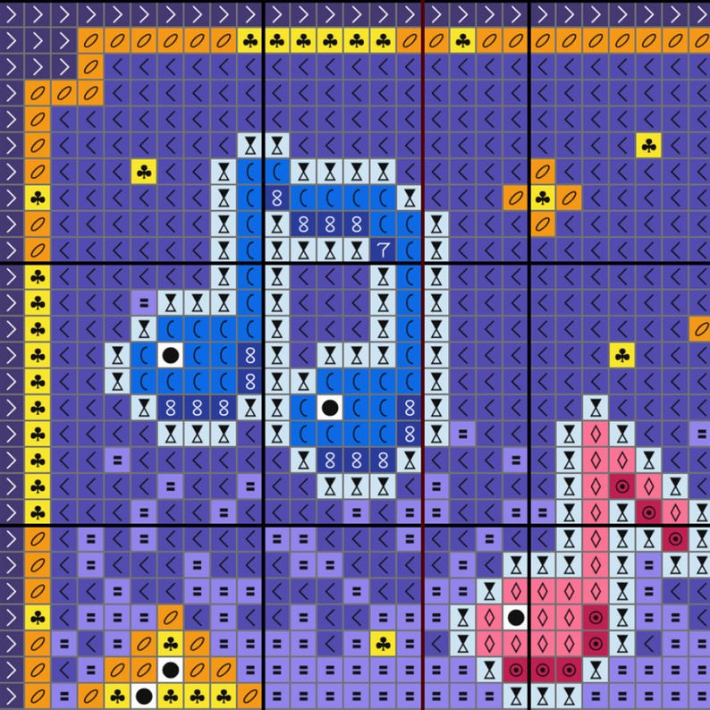 May include: A cross-stitch pattern featuring a blue creature with a large eye, surrounded by various symbols and shapes. The design is set against a dark purple background with orange and yellow accents.