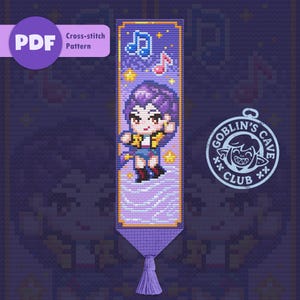 May include: A cross-stitch pattern bookmark featuring a cartoon character with purple hair, blue shorts, and a yellow jacket. The bookmark has musical notes and stars. The text "PDF Cross-stitch Pattern" is visible.
