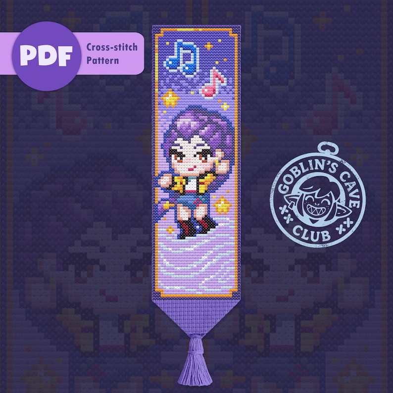 May include: A cross-stitch pattern bookmark featuring a cartoon character with purple hair, blue shorts, and a yellow jacket. The bookmark has musical notes and stars. The text "PDF Cross-stitch Pattern" is visible.