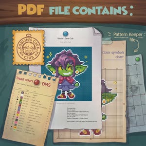 May include: A collection of cross-stitch charts and color symbol charts. The main chart features a pixelated goblin with green skin, purple hair, and a red bow. The text "PDF FILE CONTAINS" is at the top. The charts include tread colors and finished sizes.