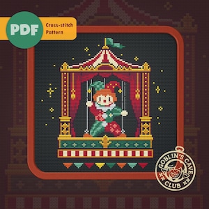 May include: A cross-stitch pattern featuring a jester puppet on a stage with red curtains and a striped awning. The design includes the text "Cross-stitch Pattern" and a "Goblin's Cave Club" logo. The color palette includes red, green, yellow, and black.
