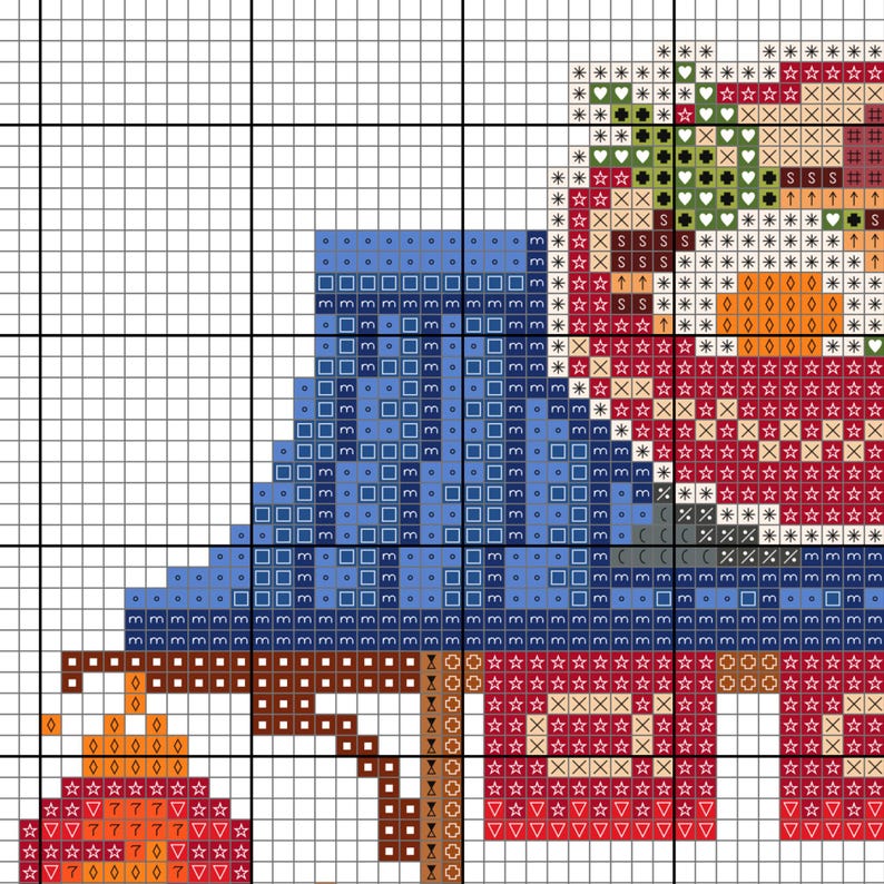 May include: A cross-stitch pattern featuring a Christmas tree, a blue piano, and a red chair. The design uses various colors and symbols to create a festive holiday scene. The image is a close-up of the cross-stitch.