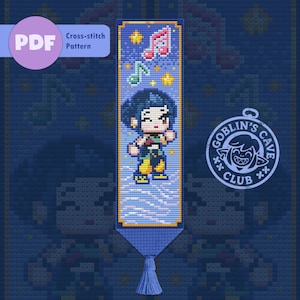 May include: A cross-stitch pattern bookmark featuring a cartoon character with blue hair and a colorful outfit. The bookmark includes musical notes and stars, with a tassel at the bottom. The text "Goblin's Cave Club" is also visible.