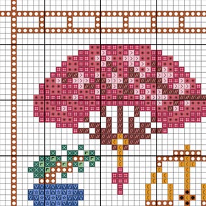 Puede incluir: Patr&oacute;n de punto de cruz con un dise&ntilde;o floral estilizado, una forma de paraguas rosa, una planta en maceta y elementos decorativos. El dise&ntilde;o est&aacute; representado en un patr&oacute;n de cuadr&iacute;cula con varios colores.