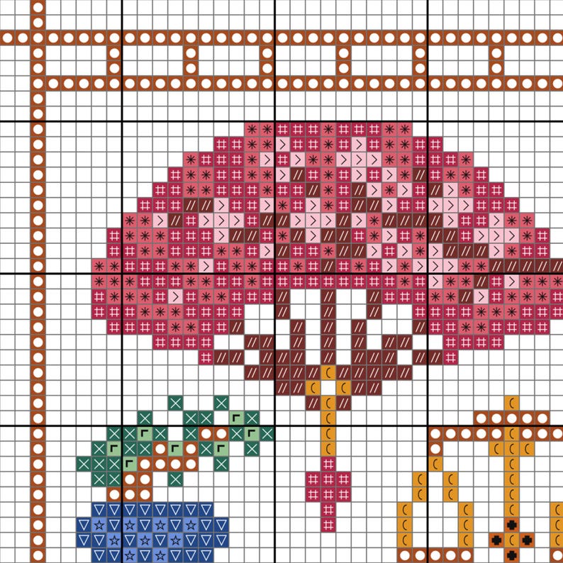 Puede incluir: Patr&oacute;n de punto de cruz con un dise&ntilde;o floral estilizado, una forma de paraguas rosa, una planta en maceta y elementos decorativos. El dise&ntilde;o est&aacute; representado en un patr&oacute;n de cuadr&iacute;cula con varios colores.