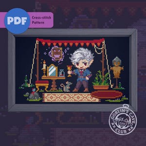 Puede incluir: Patrón de punto de cruz enmarcado que representa a un personaje de dibujos animados sosteniendo una copa. La escena incluye una mesa, una planta y un ratón. El texto "Cross-stitch Pattern" es visible. El logotipo de Goblin's Cave Club está en la esquina inferior derecha.
