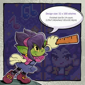 May include: A cartoon illustration of a green-skinned character with purple hair and a pink top, holding a ruler. The design size is 32 x 100 stitches, with a finished size of 2.29x7.14 inches. The background is a pixelated pattern.