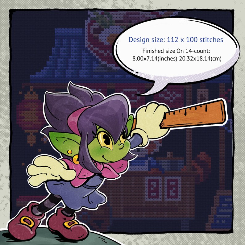May include: A cross-stitch design featuring a cartoon character with green skin, purple hair, and a pink top, holding a ruler. The design size is 112 x 100 stitches, with a finished size of 8.00x7.14 inches on 14-count fabric.