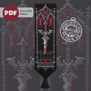 May include: A black cross-stitch pattern featuring a stylized sword design with red and white accents. The pattern includes the text "Cross-stitch Pattern" and a "PDF" logo. A "Goblin's Cave Club" logo is also visible.