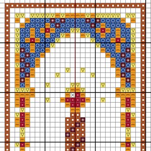 May include: A cross-stitch pattern featuring a symmetrical design with a central archway. The pattern uses a palette of blue, orange, brown, and yellow. The design includes geometric shapes and symbols, creating a detailed and colorful image.