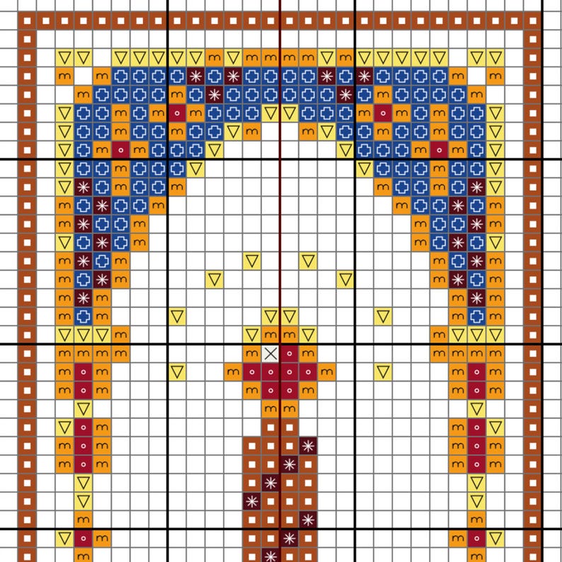 May include: A cross-stitch pattern featuring a symmetrical design with a central archway. The pattern uses a palette of blue, orange, brown, and yellow. The design includes geometric shapes and symbols, creating a detailed and colorful image.
