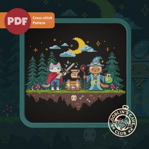 May include: A cross-stitch pattern featuring a fantasy scene with cat characters. The scene includes a cat warrior, a cat wizard, a treasure chest, and a crescent moon. The text "PDF Cross-stitch Pattern" is displayed.