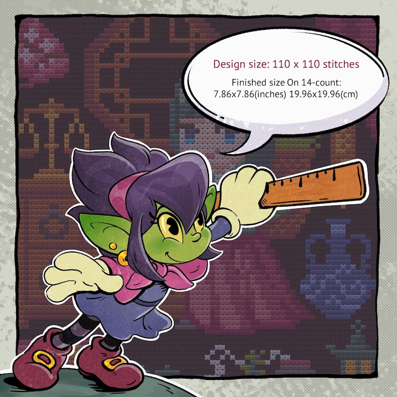 Puede incluir: Ilustraci&oacute;n de dibujos animados de un personaje de piel verde con cabello p&uacute;rpura y un atuendo rosa y azul, sosteniendo una regla. El texto dice: "Design size: 110 x 110 stitches. Finished size On 14-count: 19.96x19.96(cm)"