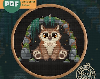 フクロウベアの子のクロスステッチパターン。ダンジョンズ＆ドラゴンズ刺繍PDF。バルダーズ・ゲート風ファンタジークリーチャー