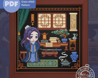 Patrón de punto de cruz de anime. The Apothecary Diaries. Bordado Jinshi. Diseño en PDF.