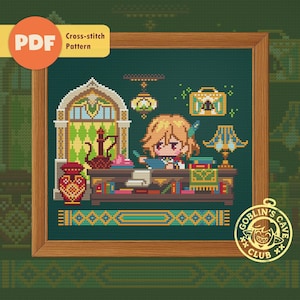 May include: Cross-stitch pattern featuring a pixelated illustration of a person in a library setting. The design includes a window, books, and a lamp. The text "PDF Cross-stitch Pattern" is visible. The Goblin's Cave Club logo is also present.