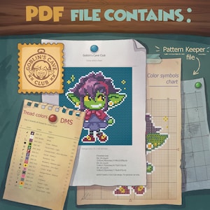 May include: A collection of cross-stitch charts and color symbol charts. The main chart features a pixelated goblin with green skin, purple hair, and a red bow. The text "PDF FILE CONTAINS" is at the top. The charts include tread colors and finished sizes.