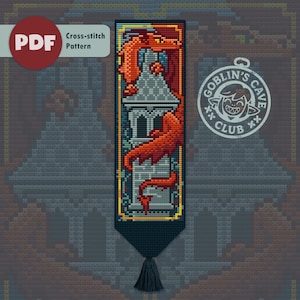 May include: A rectangular cross-stitch pattern featuring a red dragon wrapped around a grey stone tower. The design is bordered in yellow and blue, set against a dark background. A dark blue tassel hangs from the bottom point of the bookmark.