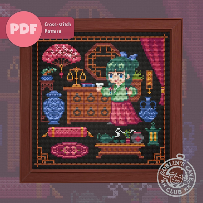 Puede incluir: Patr&oacute;n de punto de cruz enmarcado que representa una escena pixelada de una mujer con vestimenta asi&aacute;tica, sosteniendo una taza. El dise&ntilde;o incluye muebles, jarrones y el texto "Cross-stitch Pattern" y "PDF".