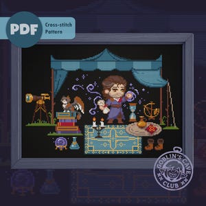 May include: Cross-stitch pattern featuring a pixelated wizard in a purple robe, surrounded by magical items like an hourglass, telescope, and candles. The image includes the text "PDF" and "Cross-stitch Pattern."