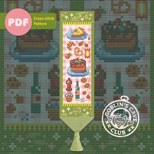 May include: A vertical cross-stitch bookmark pattern featuring a pink and white checkered background with various food icons including a slice of pie, a croissant, a pretzel, a chocolate cake, bottles, and berries, finished with a light green tassel.