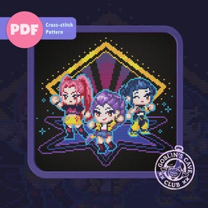 Puede incluir: Un patrón de punto de cruz con tres figuras estilizadas con cabello y atuendos vibrantes, sobre un fondo oscuro con un diseño geométrico. El diseño incluye el texto "Cross-stitch Pattern" y un icono "PDF".