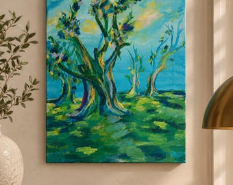 Pintura de bosque, inspirada en los paisajes de Madeira, llena de color.