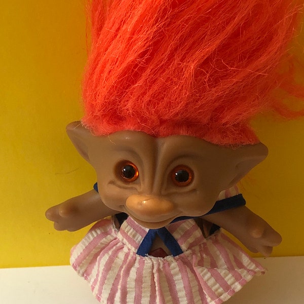 Vintage Ace Novelty 4” Troll Doll Orange Hair Orange Eyes Orange Belly Gem B20.