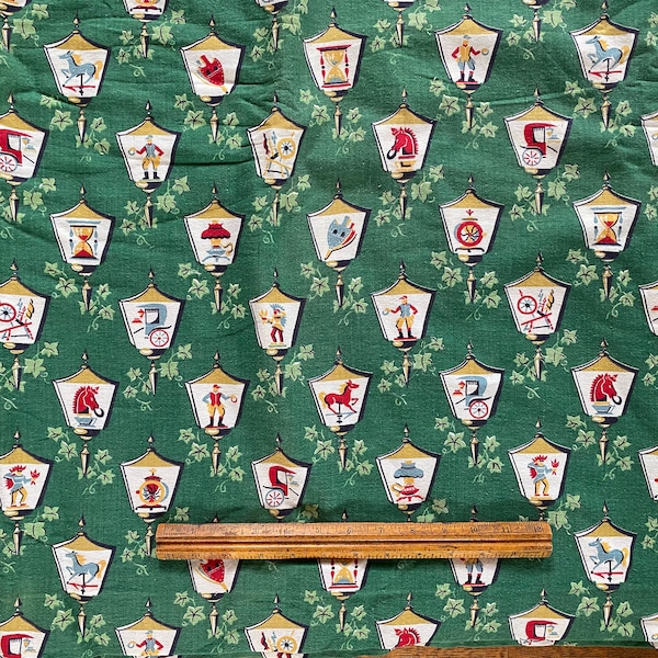 Vintage MCM 50s Decorator Cotton Fabric Novelty Coach Lights on Hunter Green NOS BTY