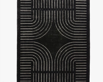 Tappeto in lana bianco e nero annodato a mano / Design geometrico moderno
