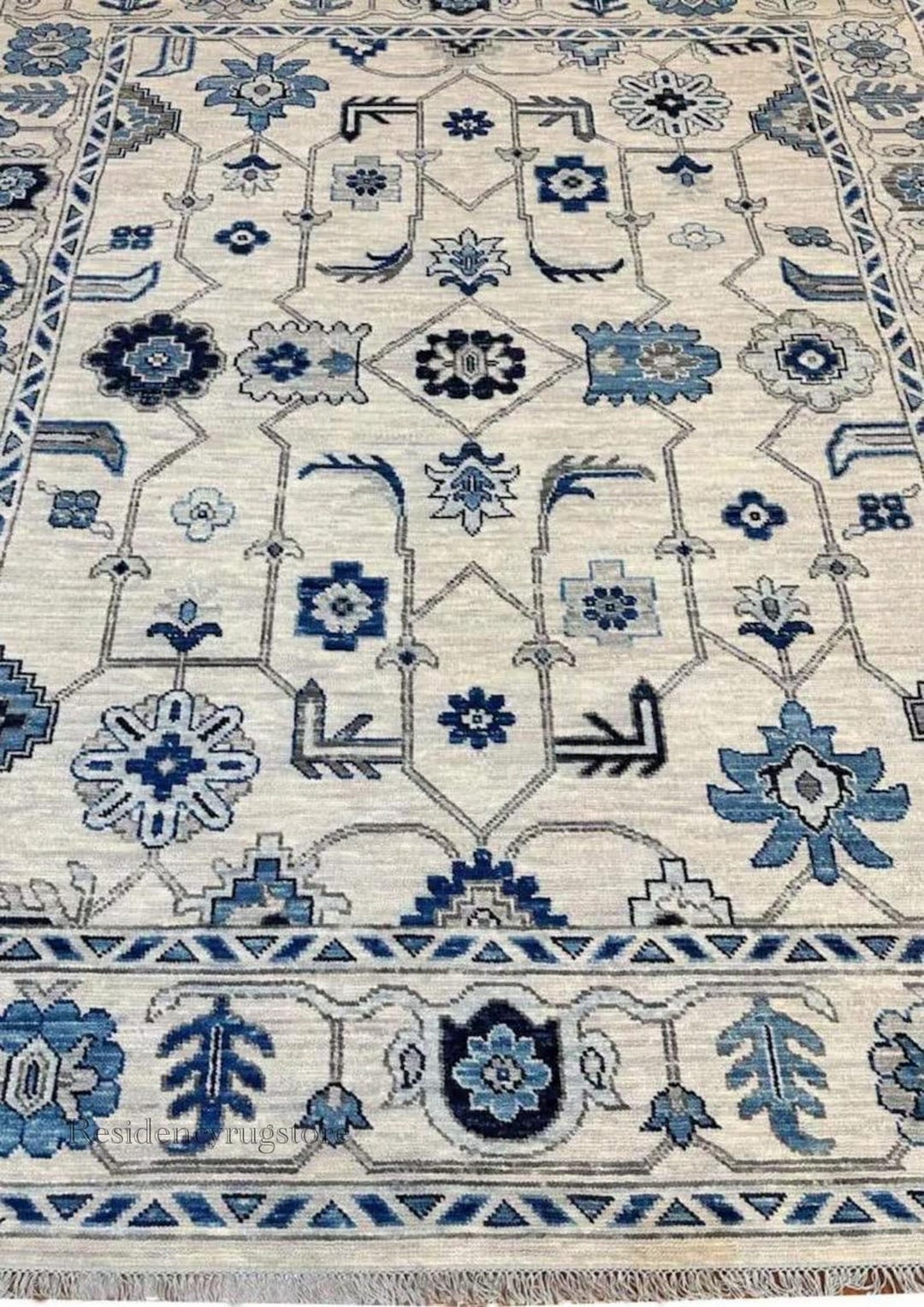 Hand Knotted Oushak Area Rug: Muted Blue Floral Wool, 8x10 - Etsy