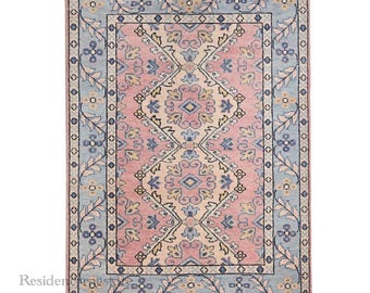 Hand Knotted Oushak Rug  Pink & Blue Wool, Turkish Vintage Rug (8x10)