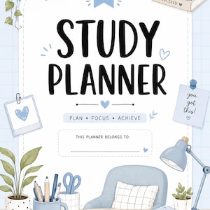 May include: A pastel-colored illustration of a study planner with the words "STUDY PLANNER" in large black letters. The planner includes a desk scene with books, a lamp, and stationery. The text "PLAN • FOCUS • ACHIEVE" is also visible.