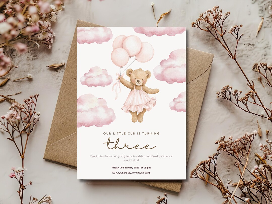 Floating Invite Pink Floating Bear Invitation, Watercolor Bear Invite for Girls ...