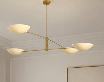 Handmade Brass Sputnik Chandelier | Mid Century Modern Cream Shade Pendant