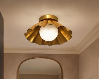 Handmade Brass Globe Flush Mount Light | Mid Century Modern Ceiling Fixture with Flower-Shape