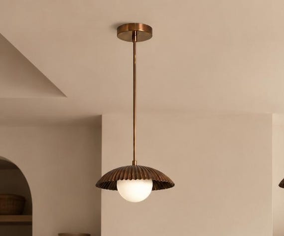 Handcrafted Raw Brass Pendant Light | Mid Century Modern Fluted Dome