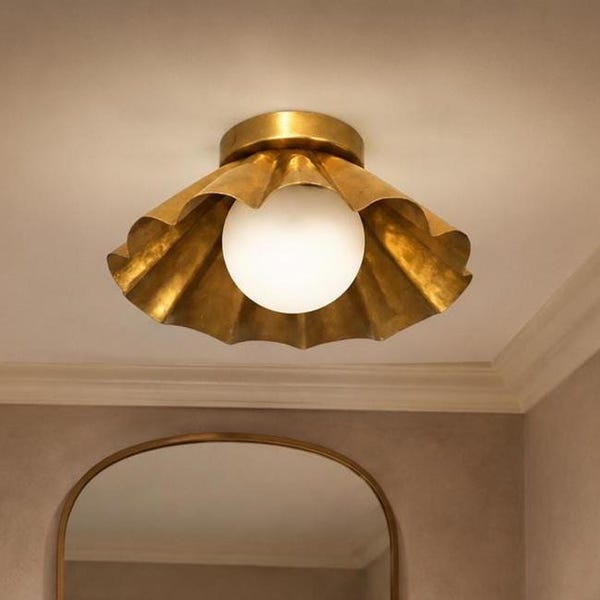 Flush Mount Light, Pure Brass Globe Fixture with Milky Glass