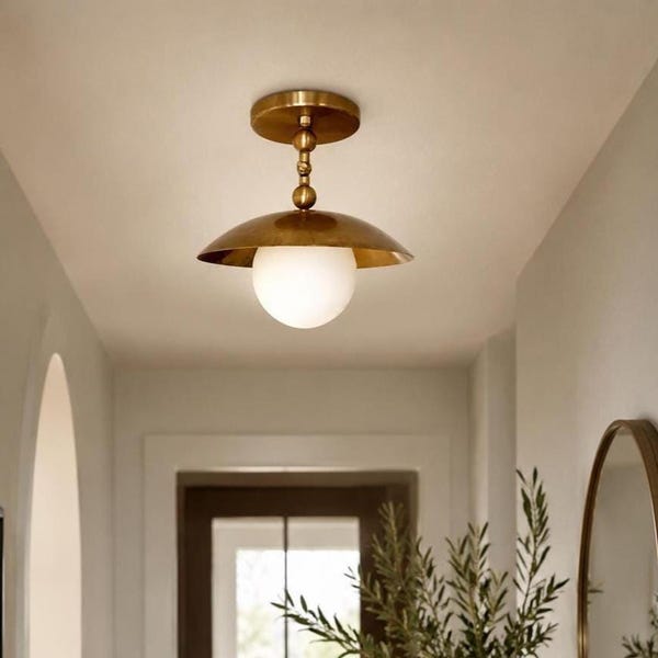 Semi Flush Light, Solid Brass Dome With Opal Glass Globe | Mid Century Fixture