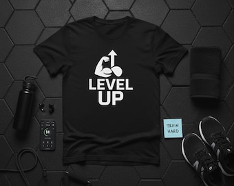 Camiseta Level Up Gym para hombre, camiseta casual motivacional, camiseta de gimnasio, camiseta con gráfico positivo