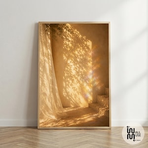 Cuadro decorativo de luz dorada - Impresión de luz prismática, obra de arte de sombra de ventana, decoración de pared en tonos beige cálidos, decoración minimalista para el hogar inspirada en la naturaleza.