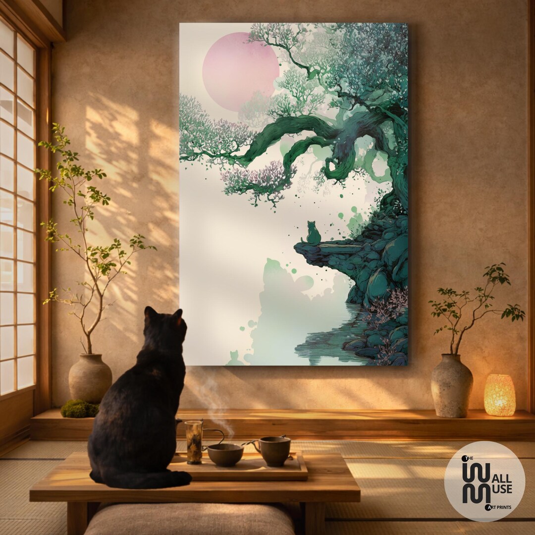 Japanese Sumi E Nature Art Print Zen Cat Wall Art Japandi Decor - Etsy