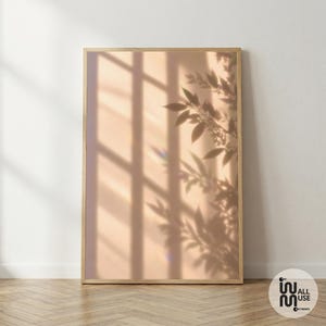May include: A rectangular wall art print in a light wood frame featuring a soft peach-toned background with the dark, elongated shadows of window panes and leafy tree branches cast across the surface, creating a layered, high-contrast visual effect.
