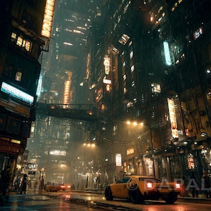 May include: Digital artwork of a futuristic city at night. High buildings with neon signs and lights dominate the scene, with a yellow car on a wet street. The image has a dark, atmospheric quality.
