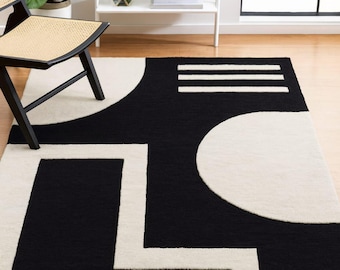 Black White Geometric Hand Tufted Wool Rug, Modern Abstract Scandinavian Carpet