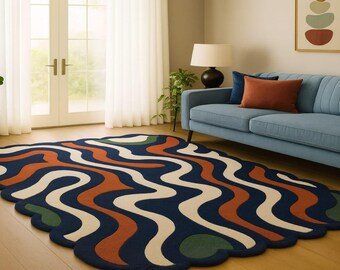 Wavy Abstract Wool Rug, Colorful Modern Area Carpet