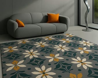 Hand Tufted Wool Rug, Grey Mustard Floral Botanical, Modern Decor